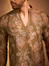 Olive green tissue silk kalka printed kurta suit