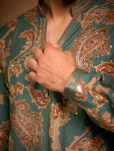 Teal green tissue silk paisley embroidered kurta pajama