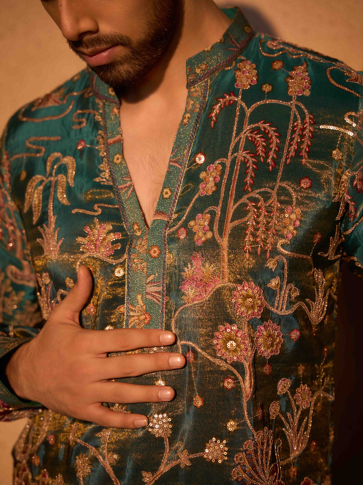 Bottle green tissue silk peacock heritage kurta pajama