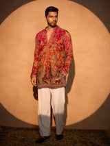Red tissue silk royal celebration kurta suit attire