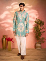 Sky blue tissue silk signature wedding kurta suit