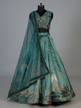 Teal green pichwai printed crepe silk lehenga choli ensemble
