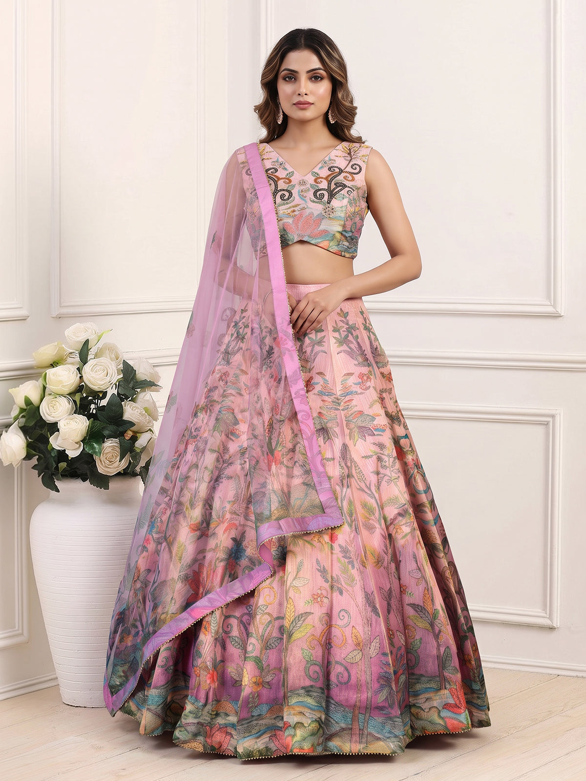 Lavender Pichwai printed georgette silk celebration lehenga