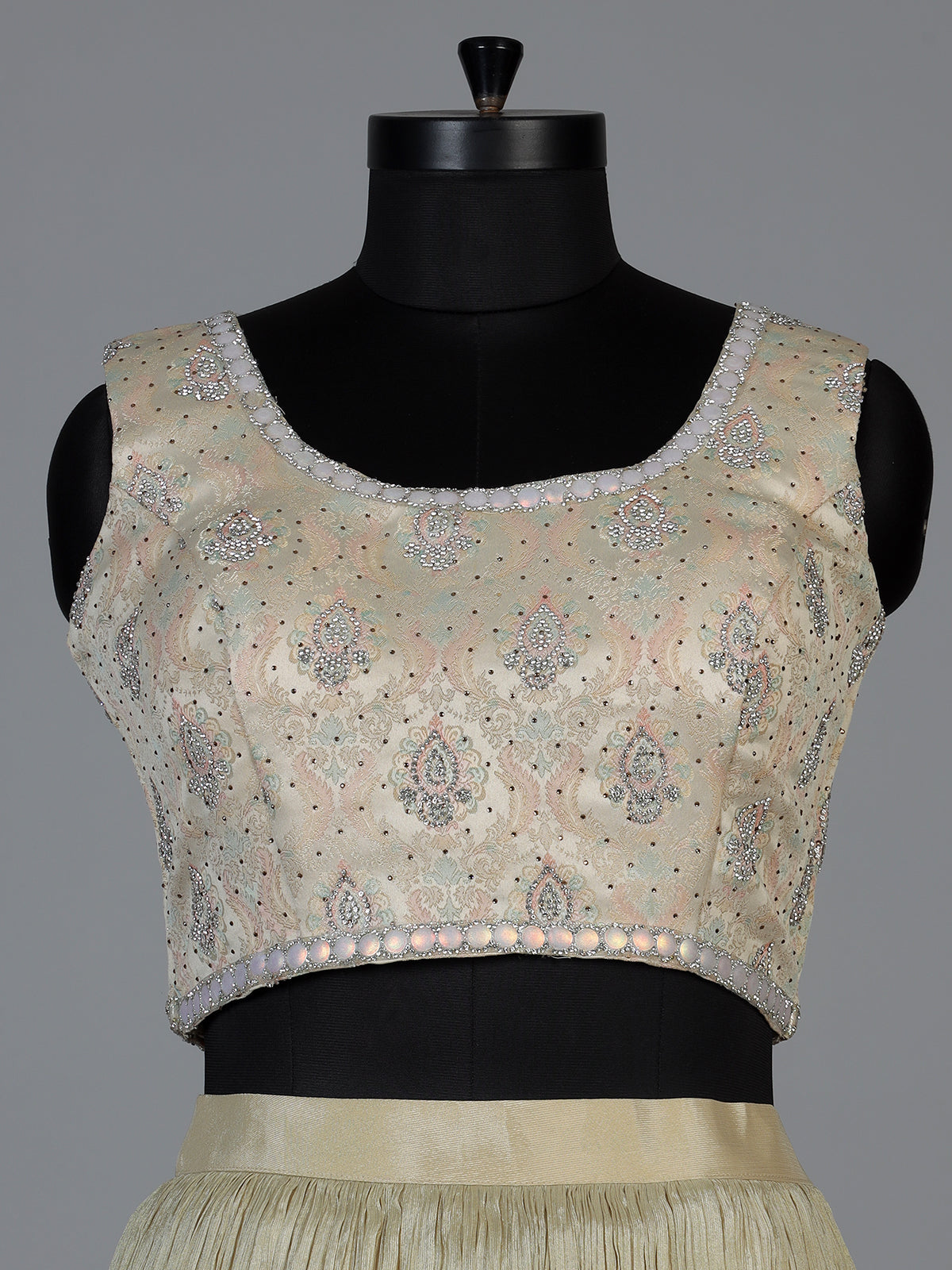 Cream metallic crepe silk designer wedding lehenga ensemble