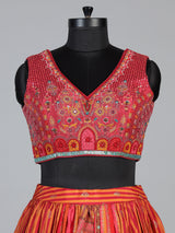 Red cotton silk heritage striped festive lehenga with regal motifs
