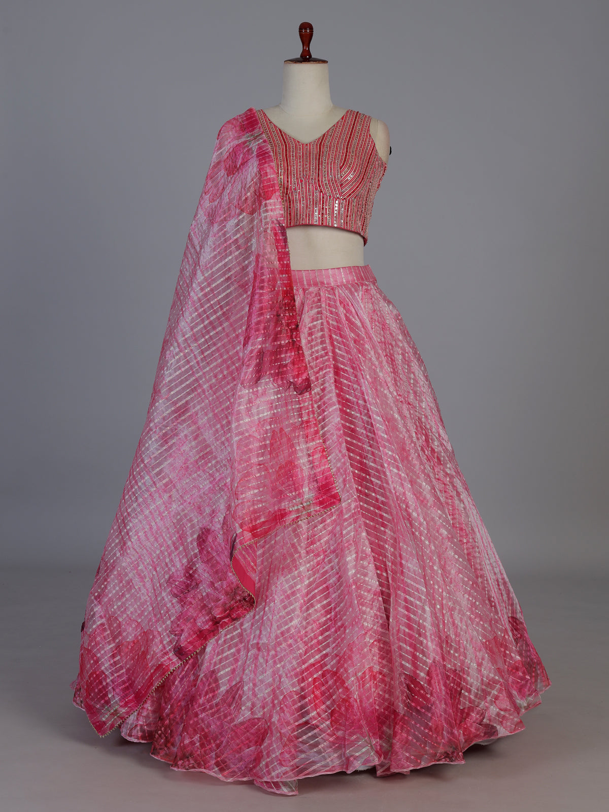 Pink printed georgette festive lehenga statement