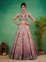 Pink floral printed georgette silk wedding ensemble lehenga choli for women