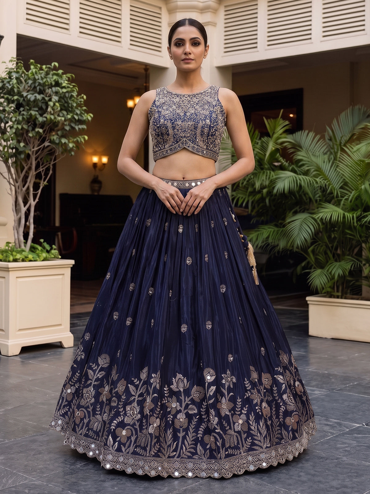 Navy blue embellished silk wedding lehenga choli creation