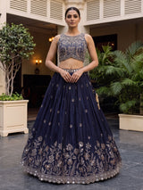 Navy blue embellished silk wedding lehenga choli creation