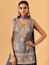 Grey chiffon georgette palazzo suit with zari embellishments for women