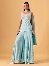 Sky blue chinon silk palazzo suit with sequin accents for women