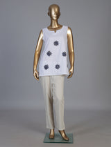 White cotton embroidered casual sleeveless sweetheart neck kurti