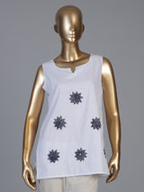 White cotton embroidered casual sleeveless sweetheart neck kurti