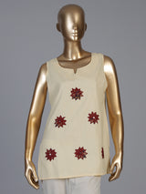 Cream cotton embroidered casual sleeveless sweetheart neck kurti