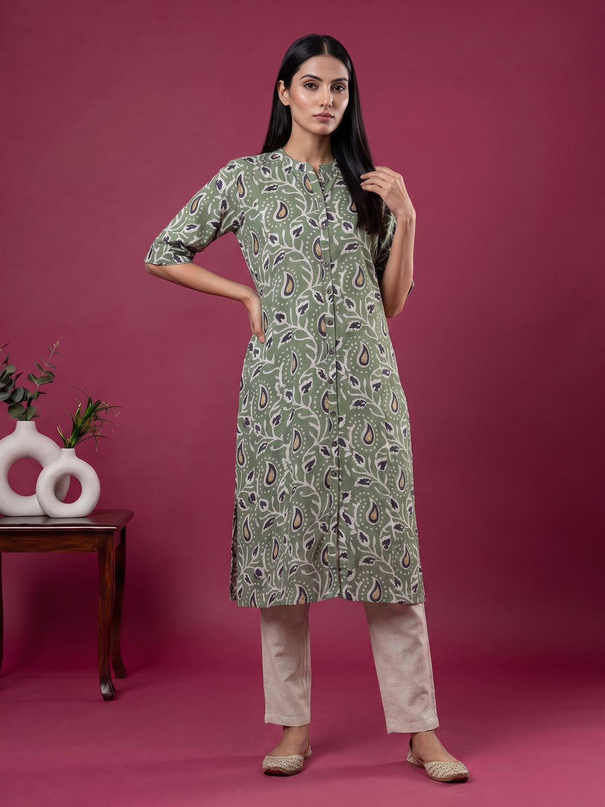 Pista green cotton silk floral printed stand collar casual kurti