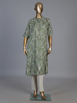 Pista green cotton silk floral printed stand collar casual kurti