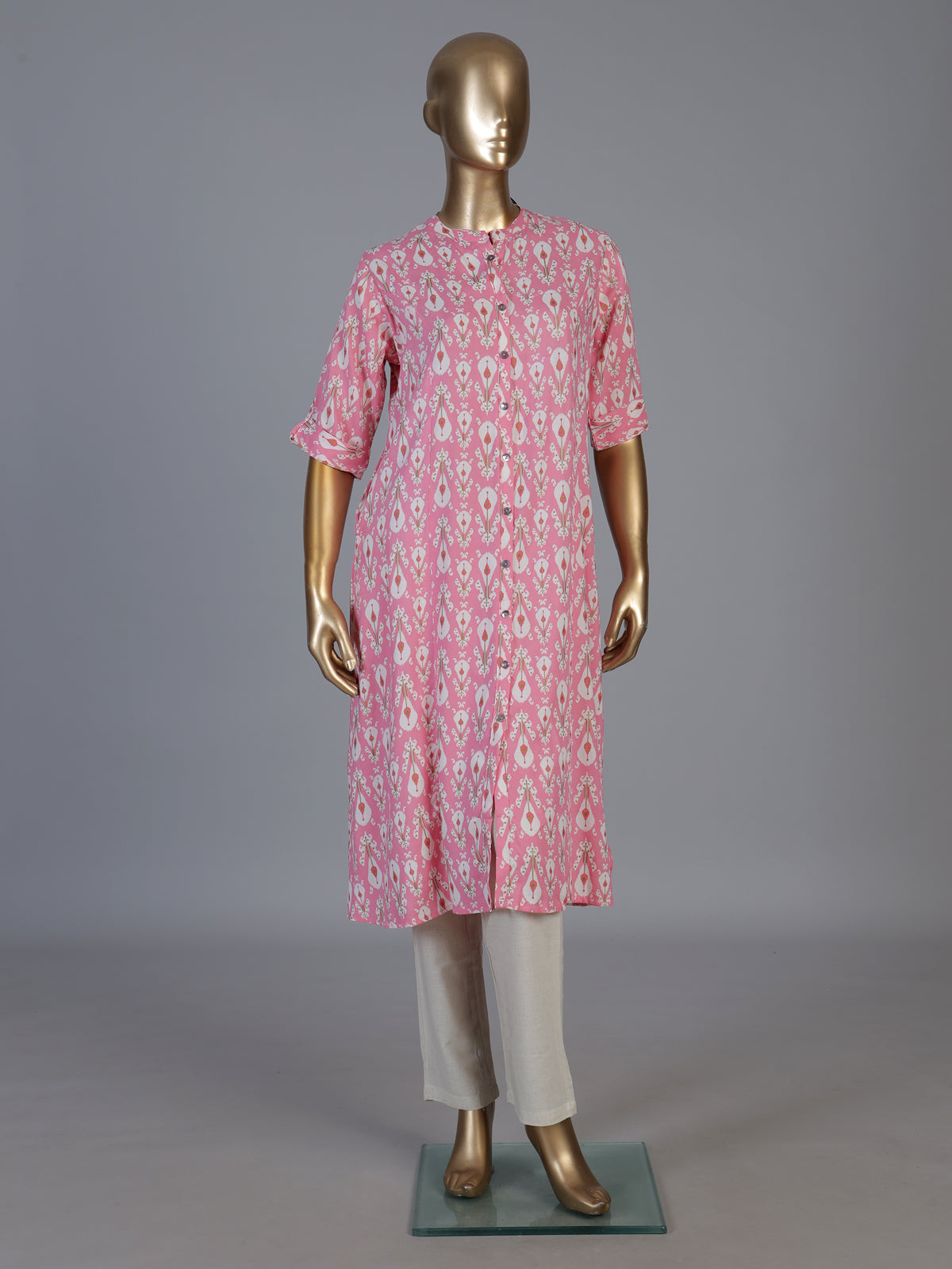 Pink cotton silk floral printed casual stand collar elbow sleeve kurti