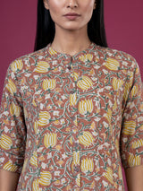 Light brown cotton silk floral printed stand collar casual elegant kurti