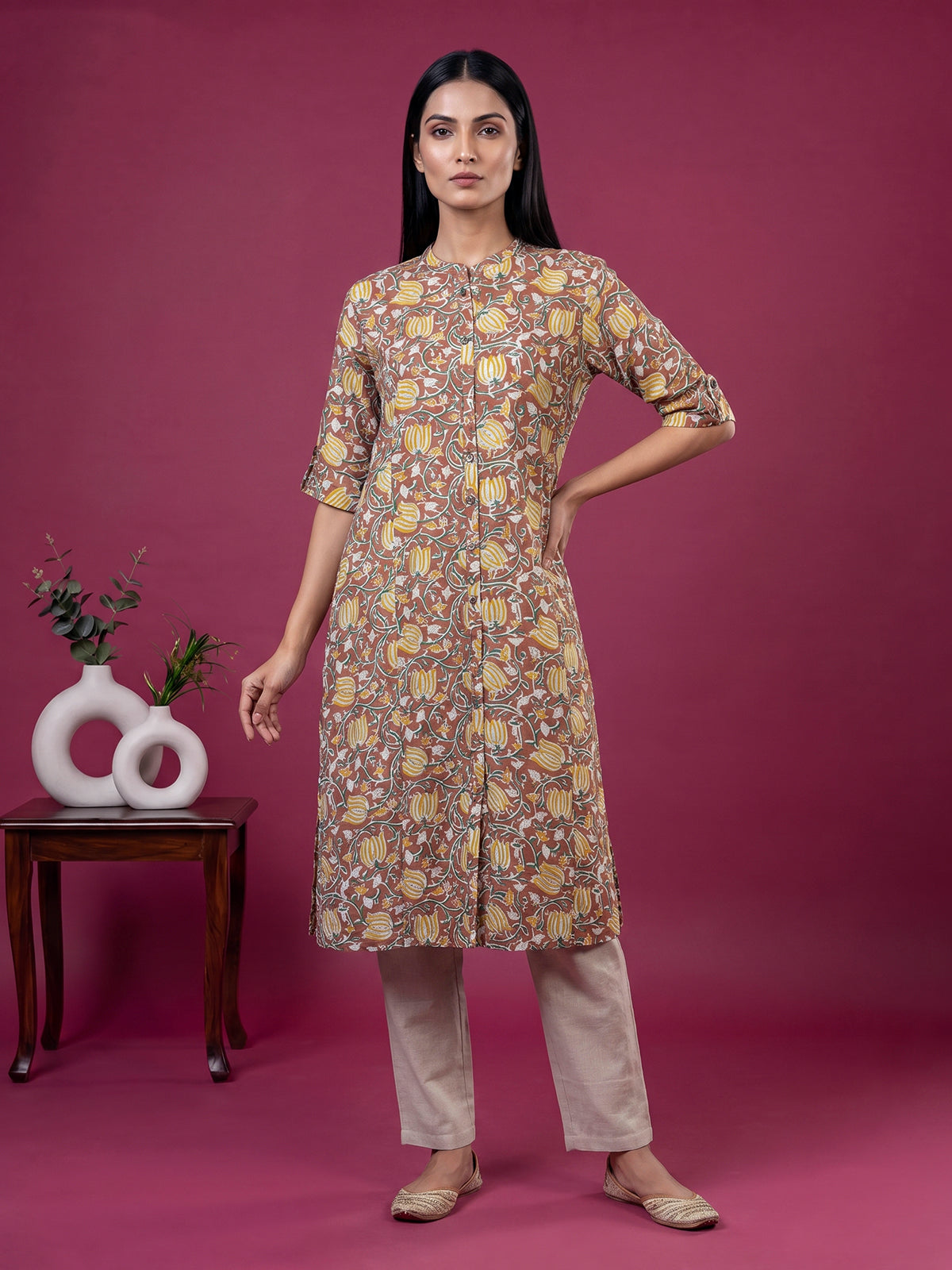 Light brown cotton silk floral printed stand collar casual elegant kurti