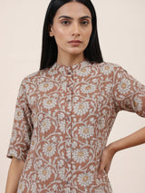 Brown cotton silk floral printed casual stand collar elbow sleeve kurti