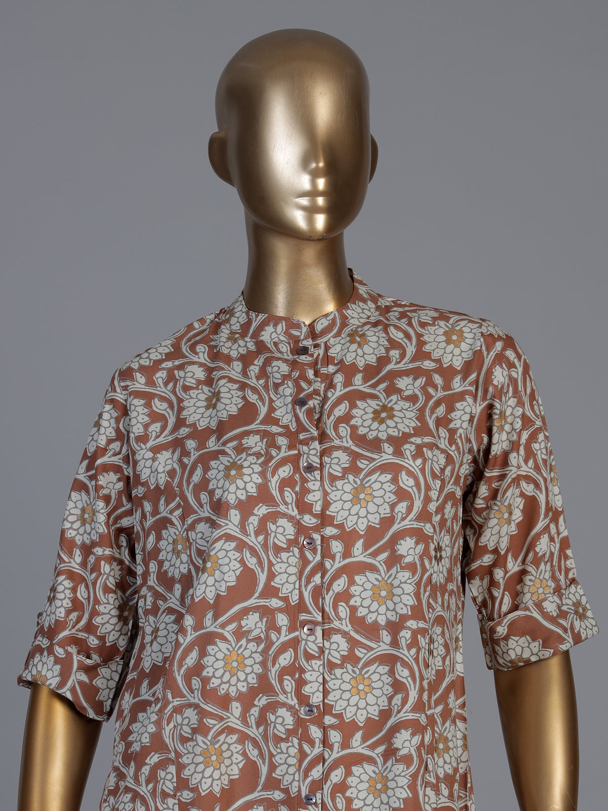 Brown cotton silk floral printed casual stand collar elbow sleeve kurti