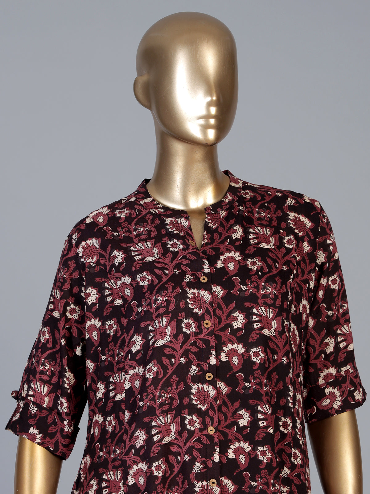 Black cotton silk floral printed casual stand collar elbow sleeve kurti