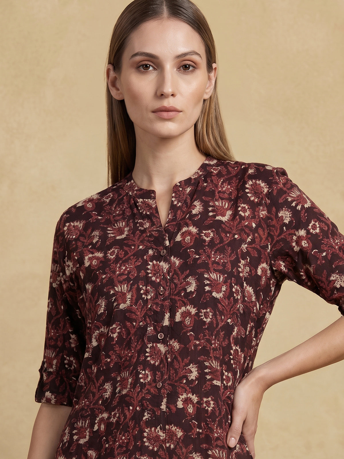 Black cotton silk floral printed casual stand collar elbow sleeve kurti