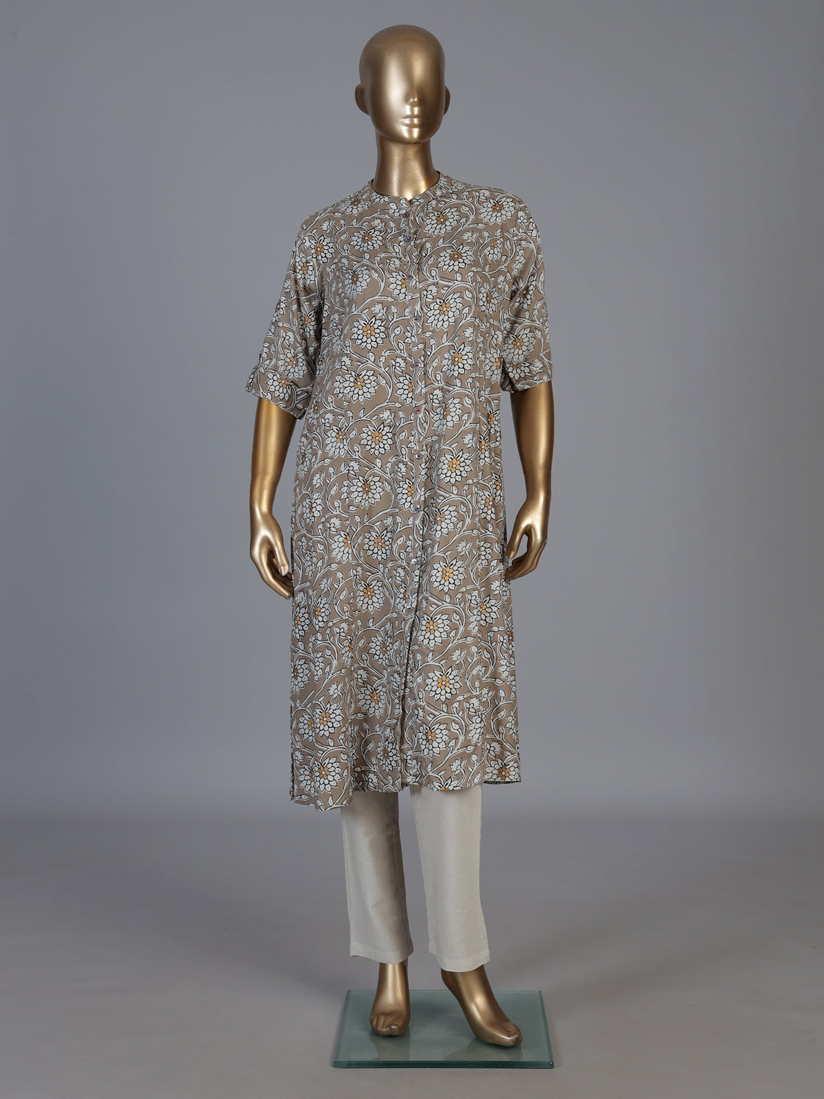 Grey cotton silk floral printed casual stand collar elbow sleeve kurti