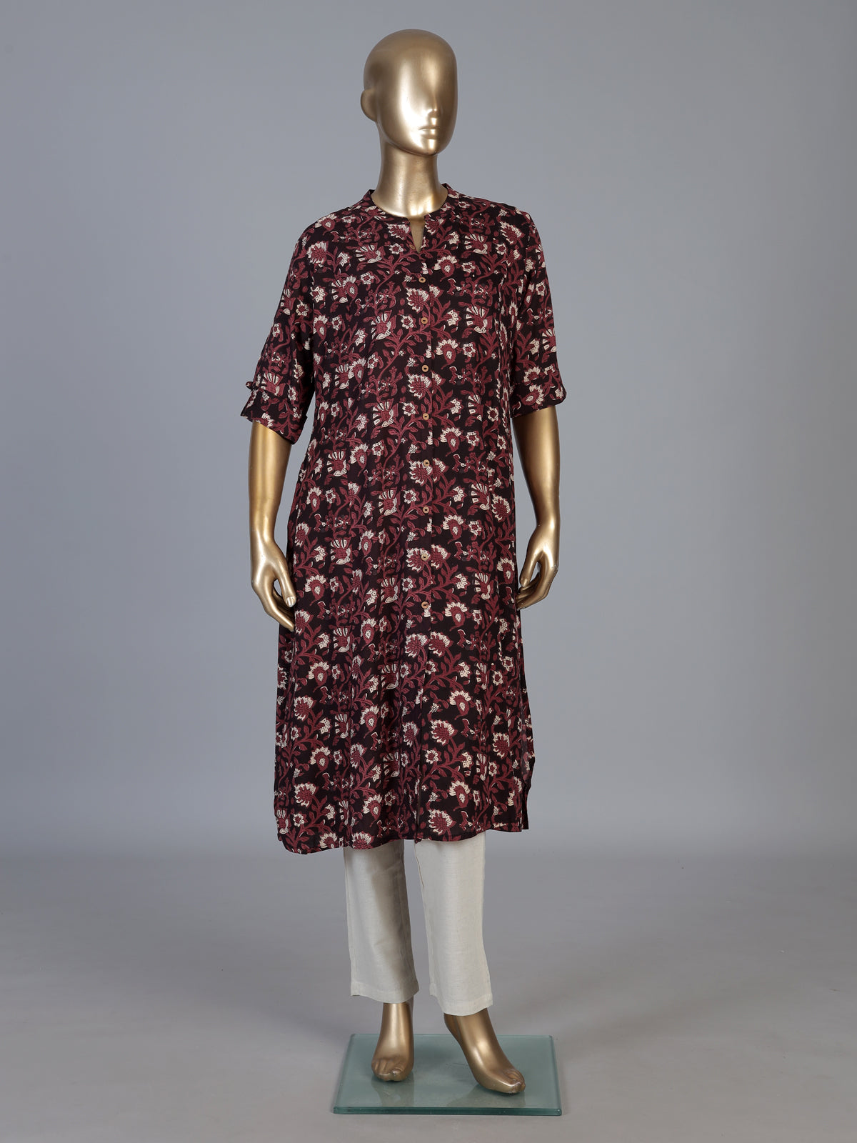 Black cotton silk floral printed casual stand collar elbow sleeve kurti