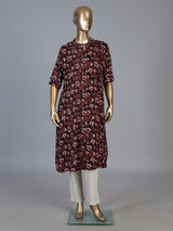 Black cotton silk floral printed casual stand collar elbow sleeve kurti