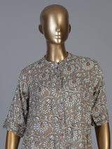 Grey cotton silk floral printed casual stand collar elbow sleeve kurti