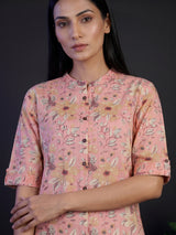 Peach cotton floral printed casual stand collar elbow sleeve kurti