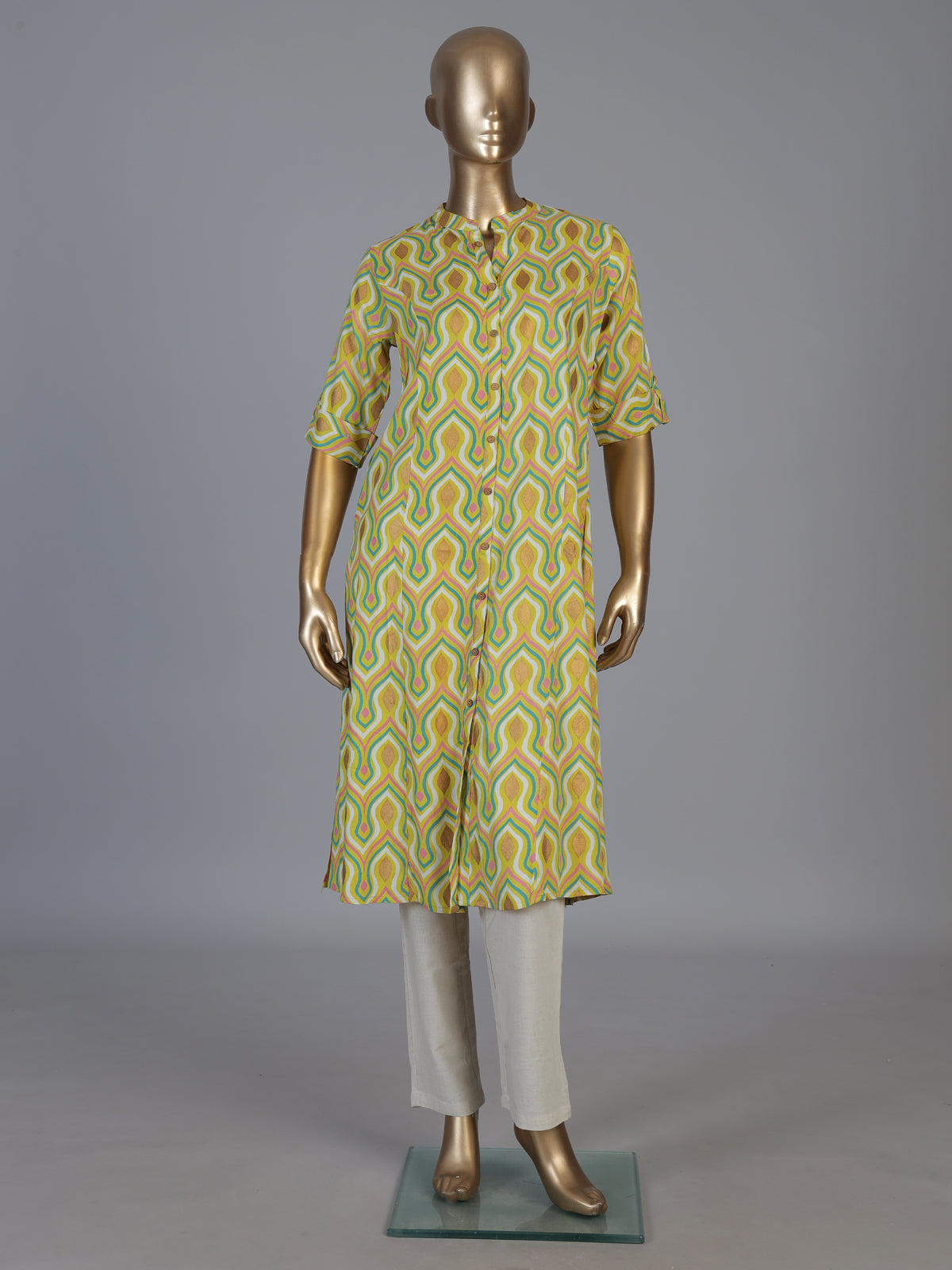 Yellow cotton silk texture printed casual stand collar elbow sleeve kurti