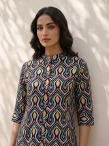 Black cotton silk texture printed casual stand collar elbow sleeve kurti