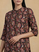 Black cotton silk floral printed elegant stand collar casual kurti