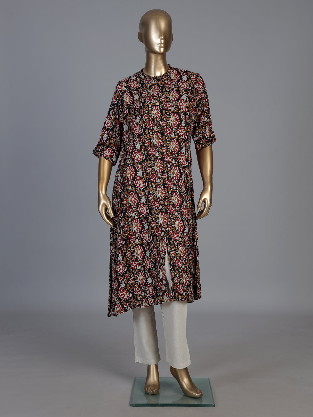 Black cotton silk floral printed elegant stand collar casual kurti