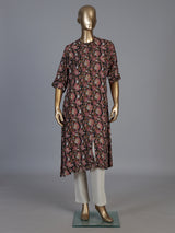 Black cotton silk floral printed elegant stand collar casual kurti