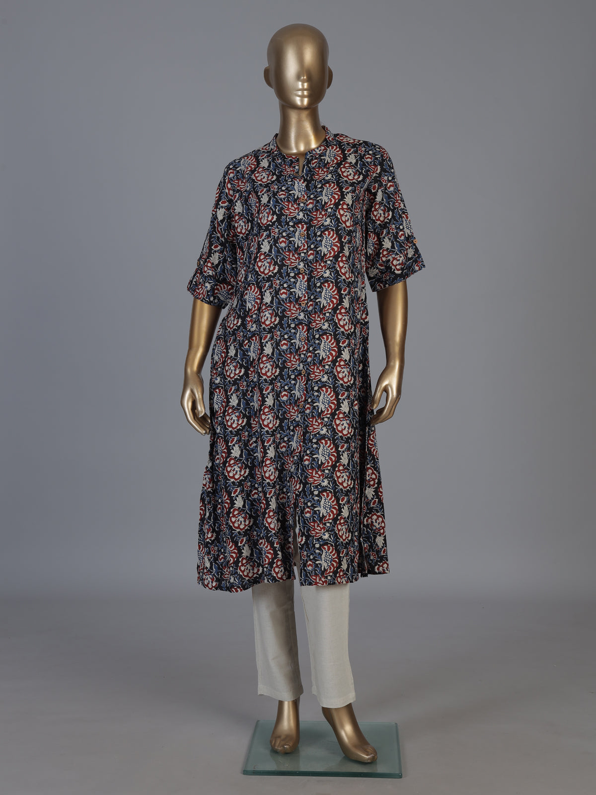 Navy cotton silk floral printed casual stand collar elbow sleeve kurti