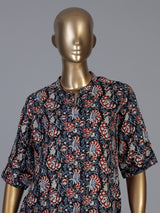 Navy cotton silk floral printed casual stand collar elbow sleeve kurti