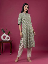 Pista green cotton silk floral printed stand collar casual elegant kurti