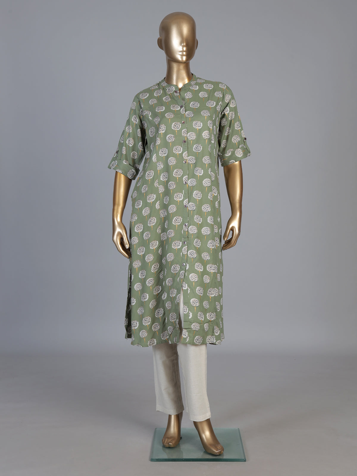 Pista green cotton silk floral printed stand collar casual elegant kurti