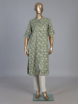 Pista green cotton silk floral printed stand collar casual elegant kurti