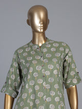 Pista green cotton silk floral printed stand collar casual elegant kurti