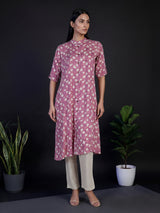 Lavender purple cotton silk floral printed stand collar casual elegant kurti