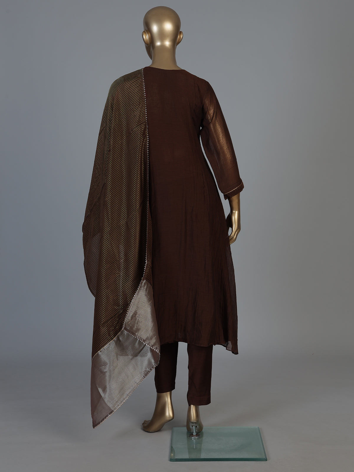 Dark brown tissue silk anarkali salwar suit with stylish dupatta pant