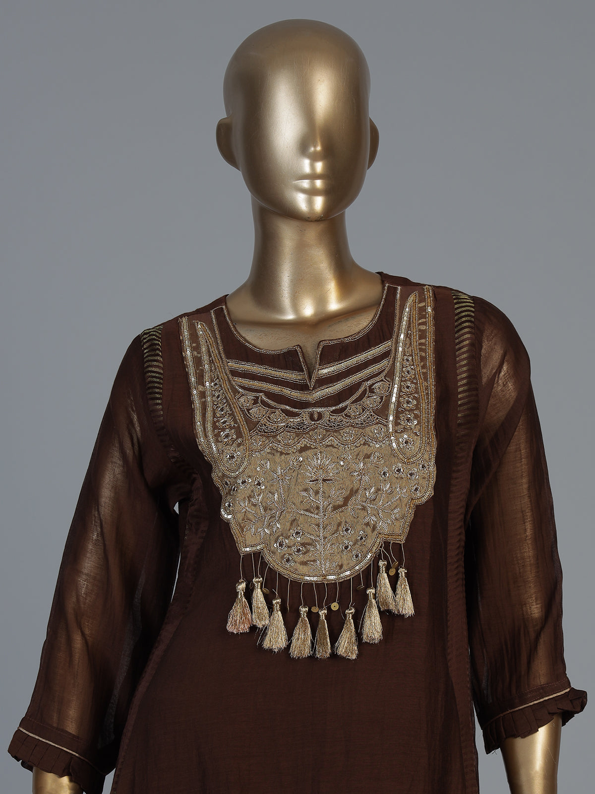 Dark brown tissue silk anarkali salwar suit with stylish dupatta pant
