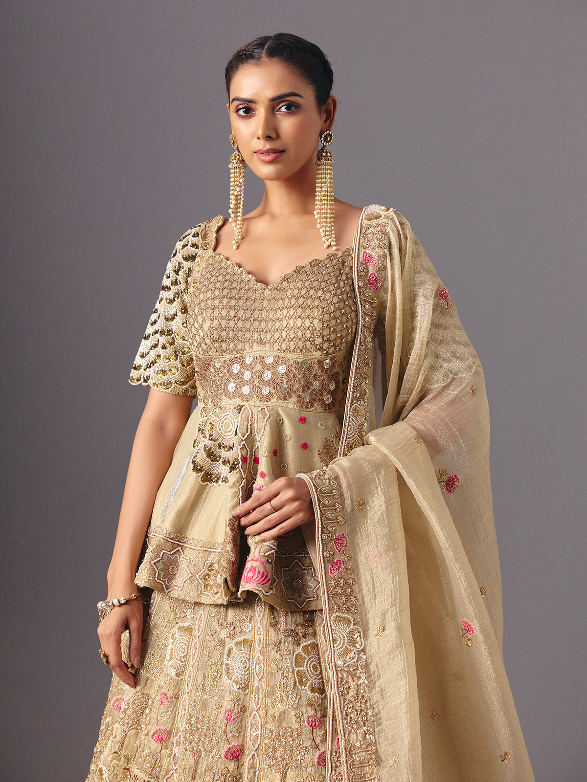 Golden tissue silk designer lehenga choli with elegant dupatta grace