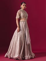 Beige crushed tissue silk designer lehenga choli with attached dupatta