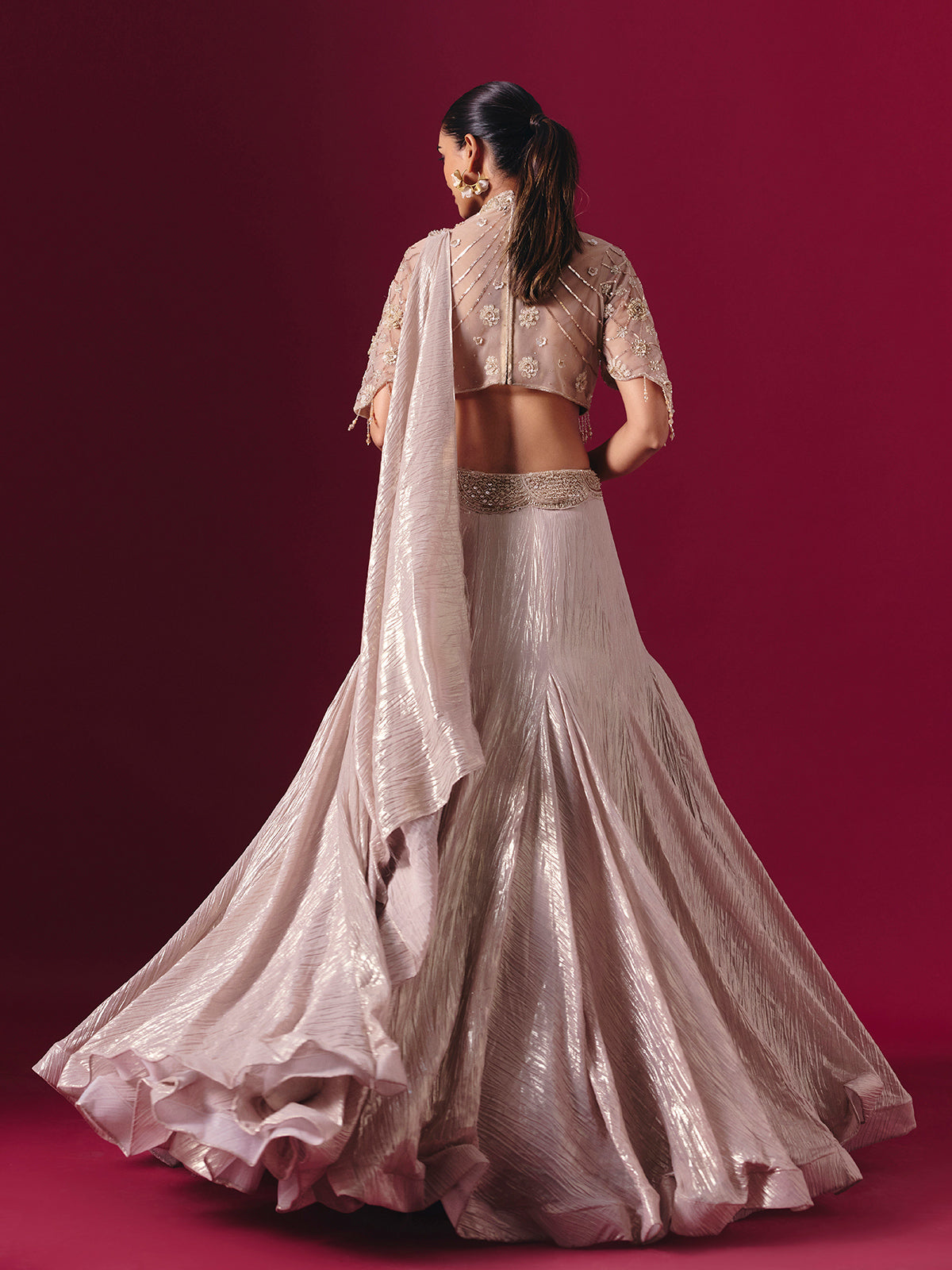 Beige crushed tissue silk designer lehenga choli with attached dupatta
