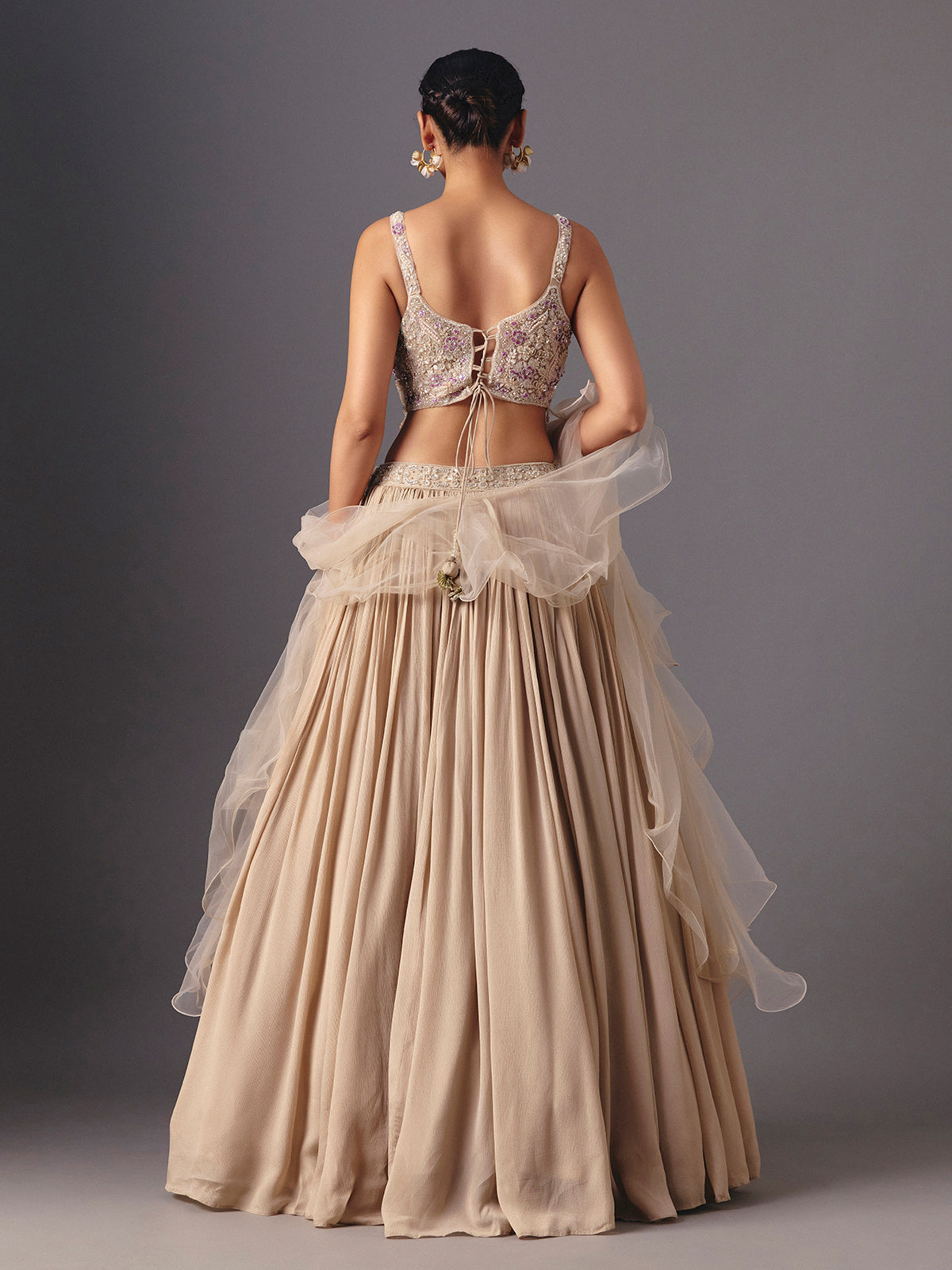 Beige chiffon georgette designer lehenga choli with ruffle dupatta elegance